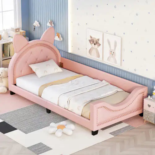 Toddler Twin Size Upholstered Daybed With Carton Ears Shaped Headboard