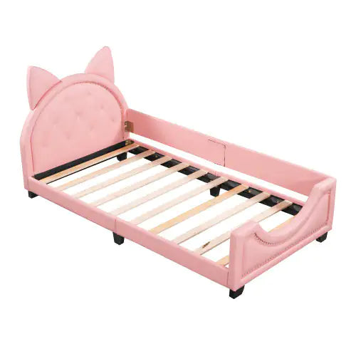 Toddler Twin Size Upholstered Daybed With Carton Ears Shaped Headboard