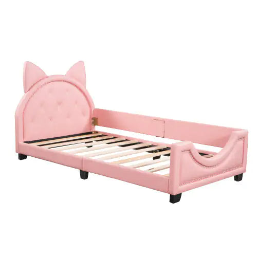 Toddler Twin Size Upholstered Daybed With Carton Ears Shaped Headboard