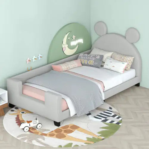 Toddler Twin Size Upholstered Daybed With Carton Ears Shaped Headboard