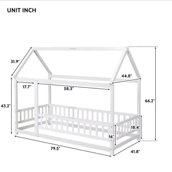 Twin Size Floor Wooden Bed With House Roof Frame