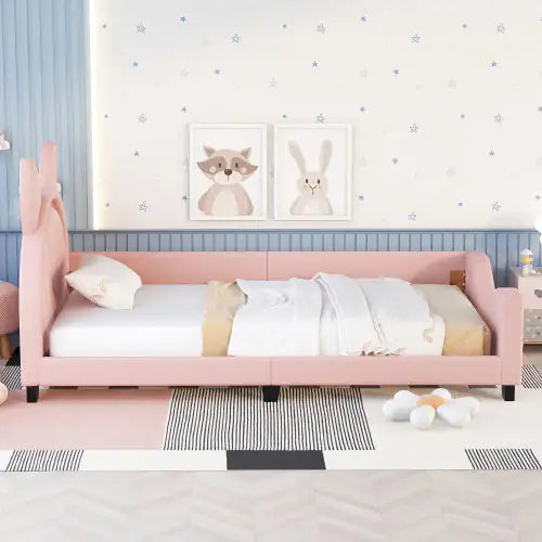 Toddler Twin Size Upholstered Daybed With Carton Ears Shaped Headboard