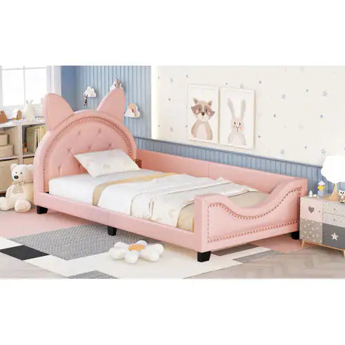 Toddler Twin Size Upholstered Daybed With Carton Ears Shaped Headboard