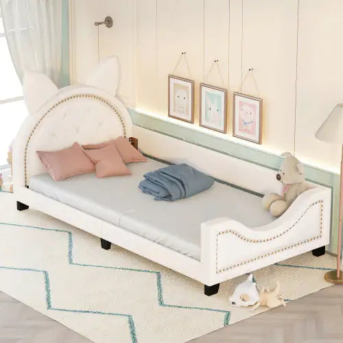 Toddler Twin Size Upholstered Daybed With Carton Ears Shaped Headboard