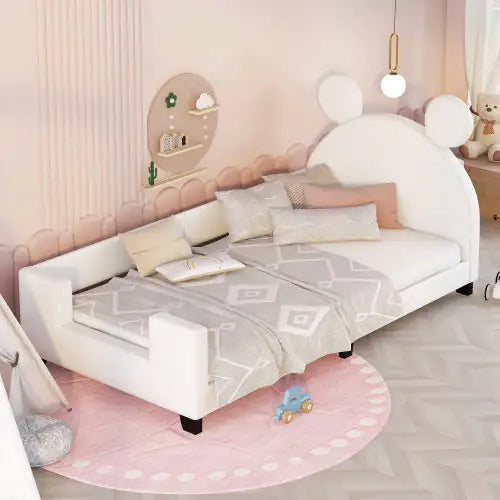 Toddler Twin Size Upholstered Daybed With Carton Ears Shaped Headboard